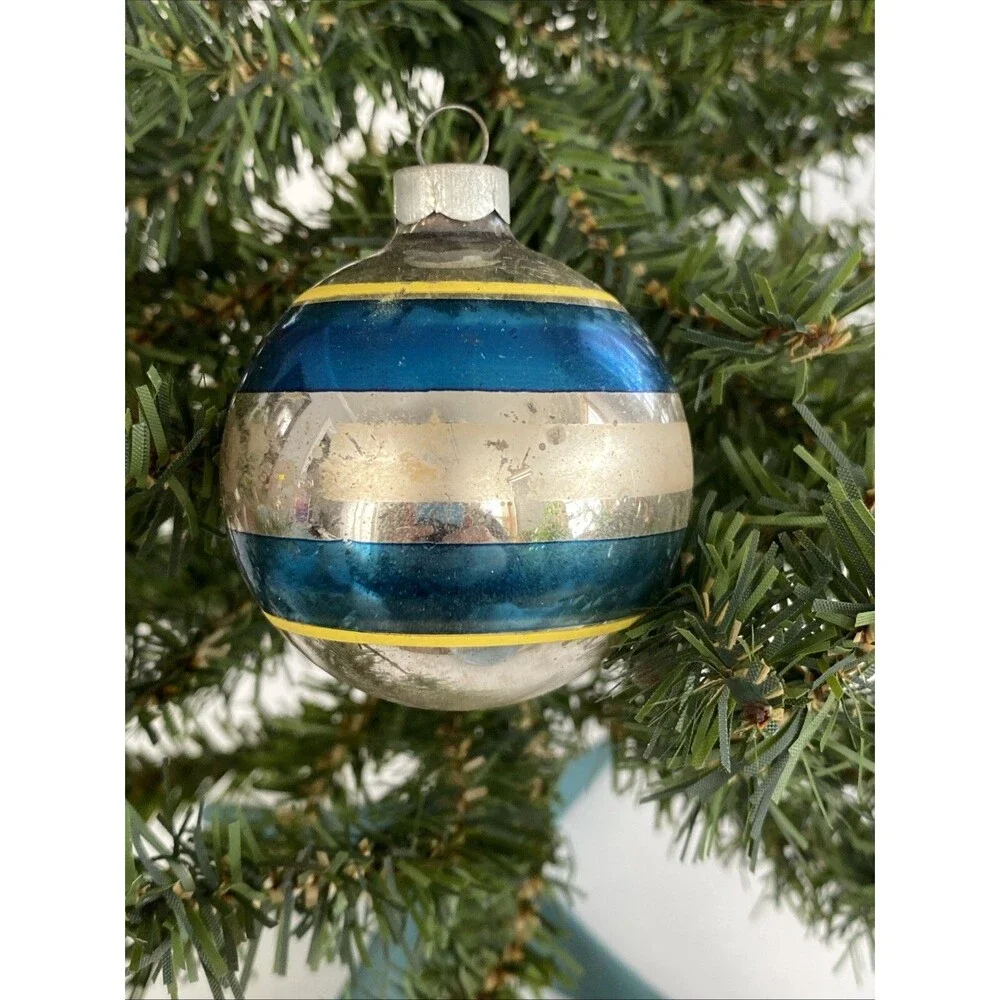 Vintage Christmas Glass Ball Ornament Striped Shiny Brite & Made USA Lot of 2